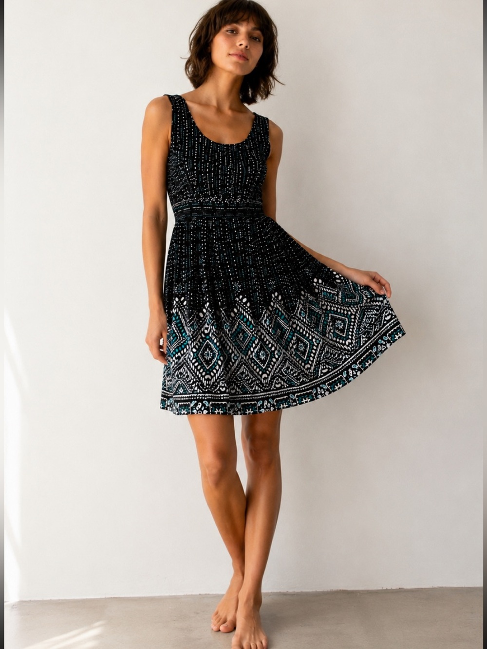 Spense Black Sleeveless Cotton Dress with Teal & White Pattern S 6